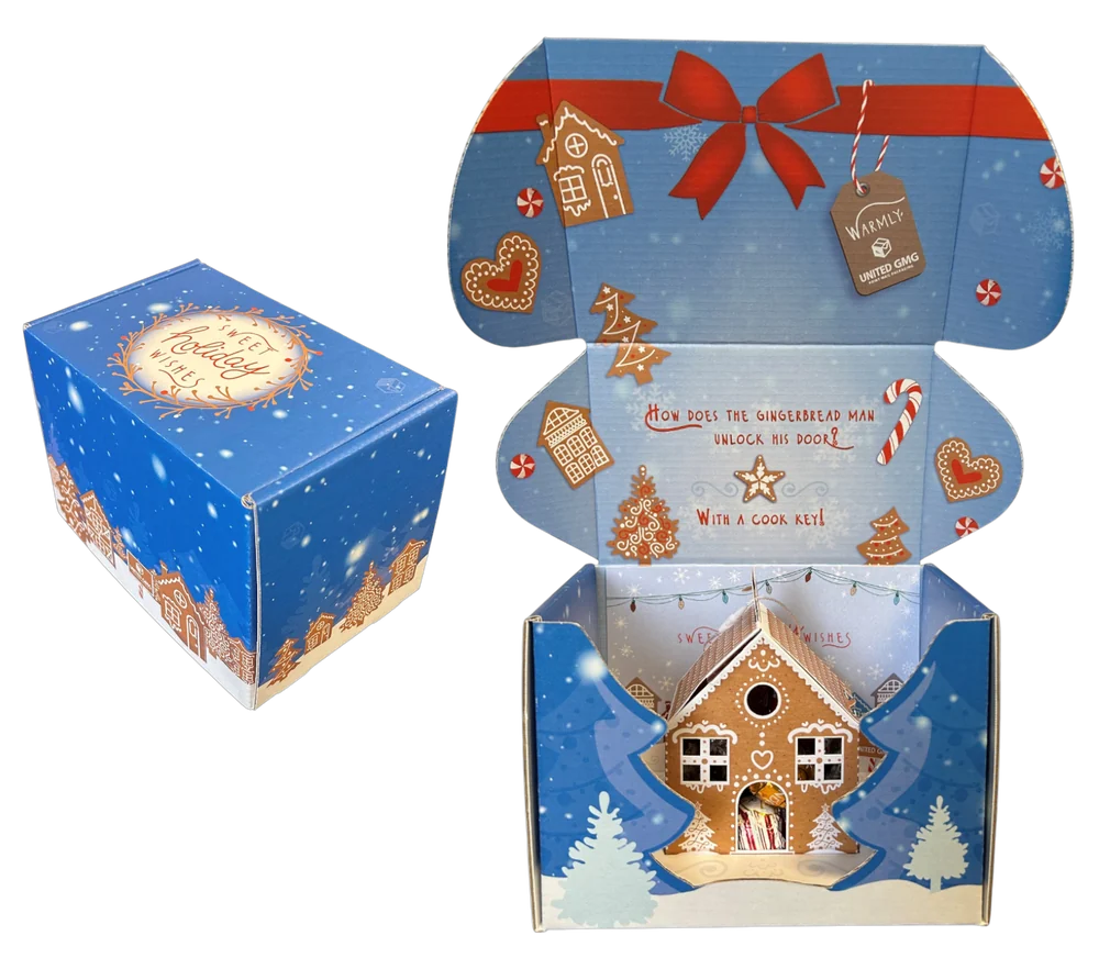 United GMG's own printed holiday mailer box with its gingerbread-house insert