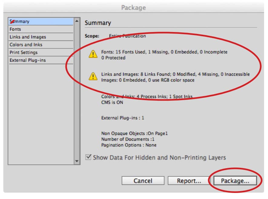InDesign Package summary window listing fonts and linked graphics