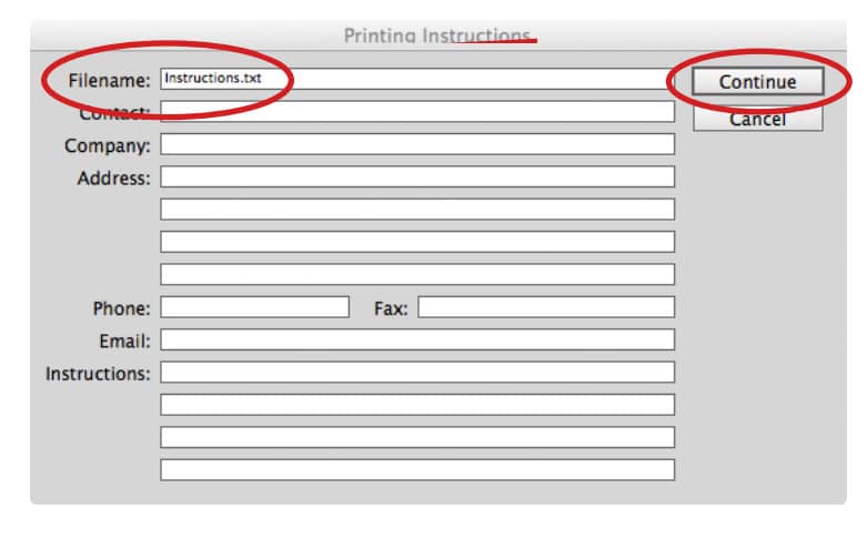 InDesign Printing Instructions dialog with the optional contact fields