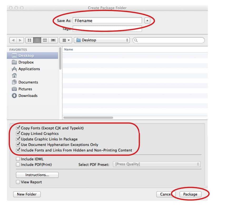 InDesign Create Package Folder window with the copy options checked