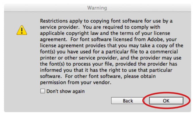 InDesign font copying warning dialog shown before the package is created