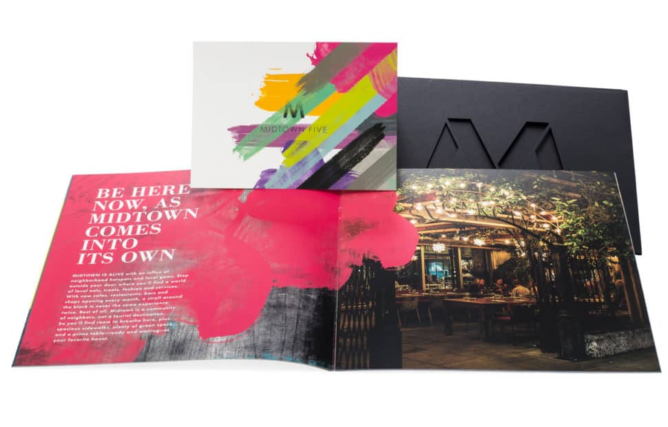 Custom printed sales brochure for Midtown with full-color interior spreads and upscale design for real estate marketing