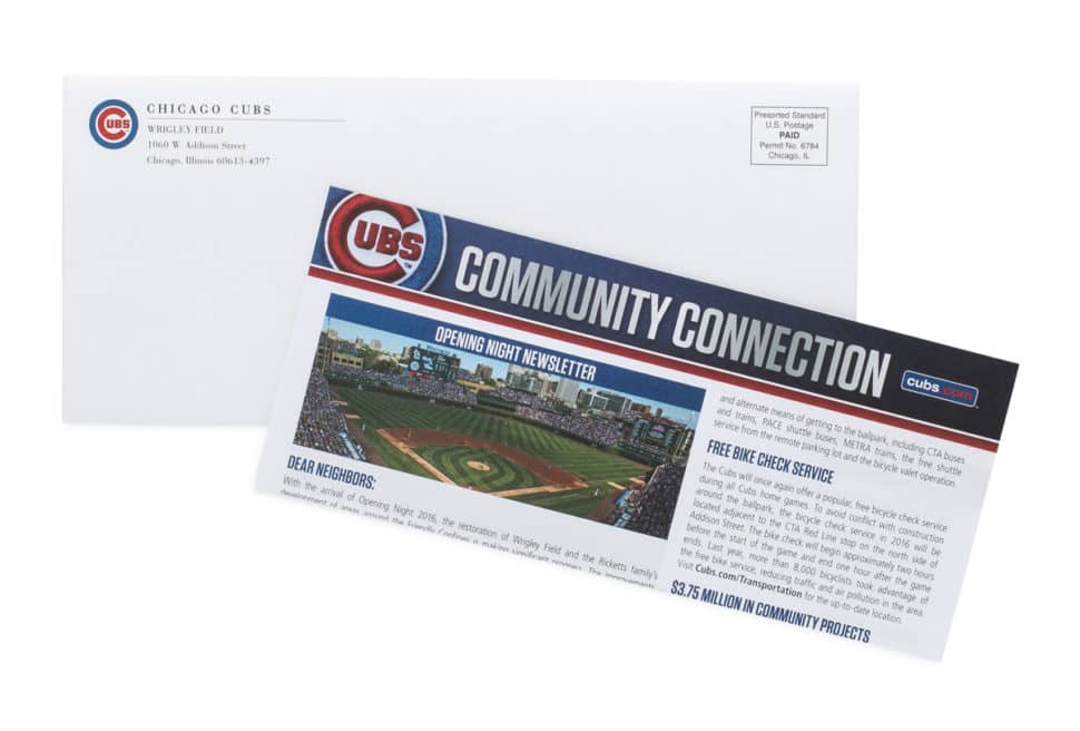 Custom printed Cubs newsletter and branded envelope featuring vibrant graphics and a clean layout for team updates and outreach