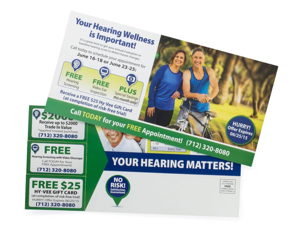Self-Mailer Custom postcard for Hy-Vee Hearing used for service promotion and direct mail outreach