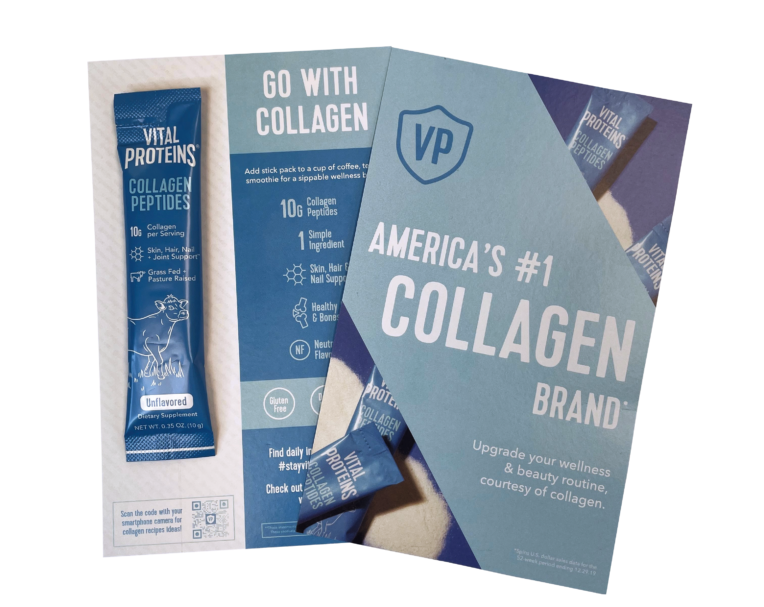Printed VP sample card featuring product swatches and clean layout for branded sample presentation