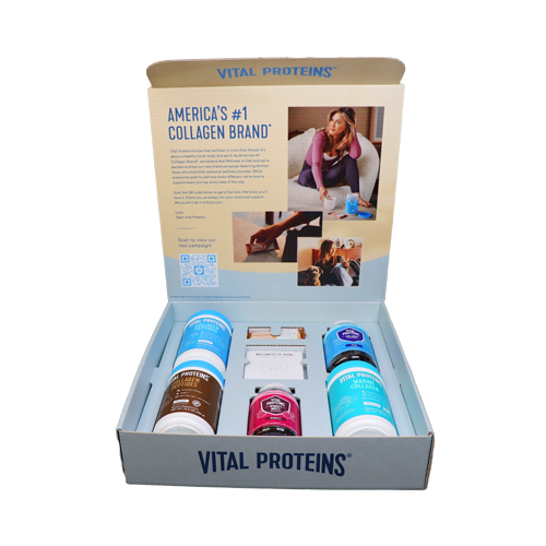 Influencer kit box opened to show the printed lid interior and fitted product insert