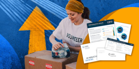 A nonprofit mailing package beside a volunteer packing boxes
