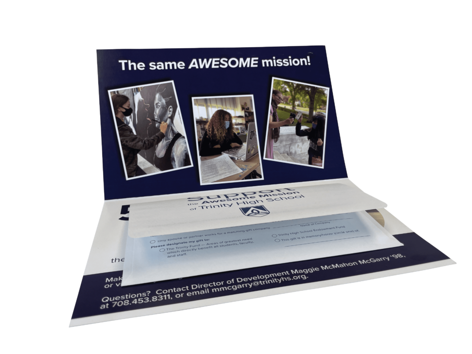 Custom self-mailer for Trinity High used for audience engagement and marketing outreach