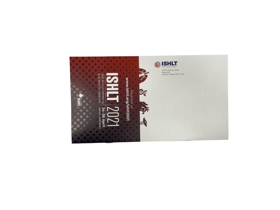 Custom self-mailer brochure for ISHLT used for informational content and event promotion