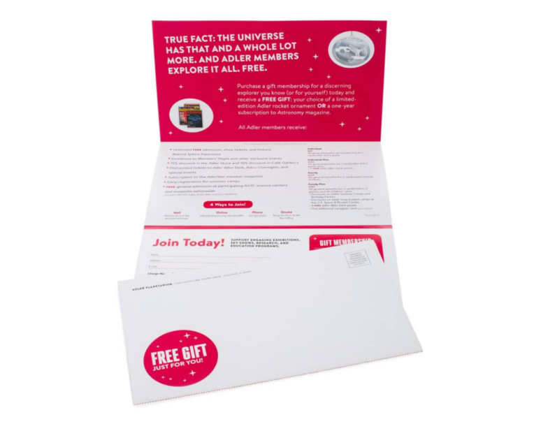 Custom self-mailer appeal for Adler Planetarium used for donor engagement and nonprofit fundraising