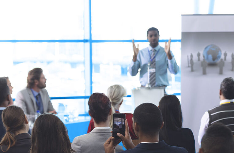 speaker in a business seminar in modern office building