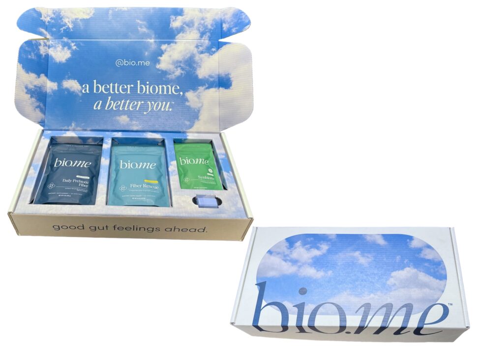Custom Bio-Me influencer box featuring roll-in front tuck closure, dust flaps, and vibrant print for product shipping and brand presentation