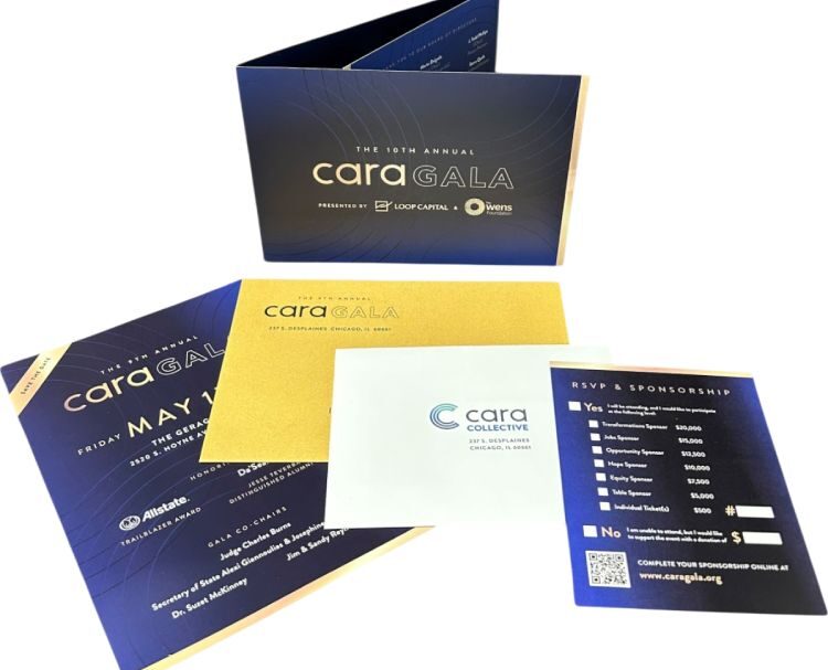 Custom printed CARA gala invitation, envelope, and reply card featuring Spot UV finishing for a nonprofit fundraising event