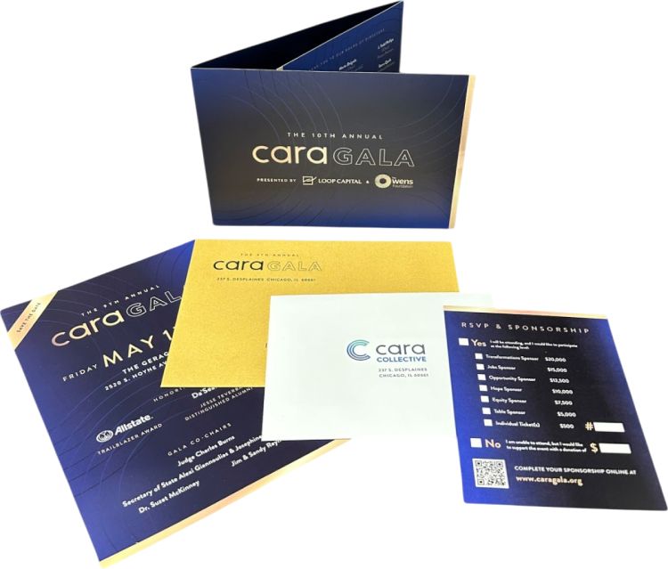 cara-gala-invite Custom printed CARA gala invitation, envelope, and reply card featuring Spot UV finishing for a nonprofit fundraising event