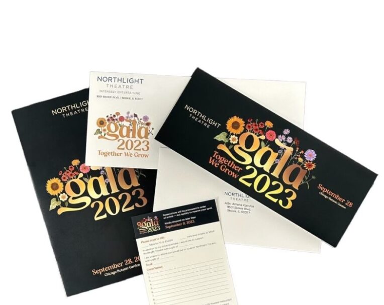 Custom printed invitation and program for Northlight Theatre gala featuring elegant design and full-color event materials