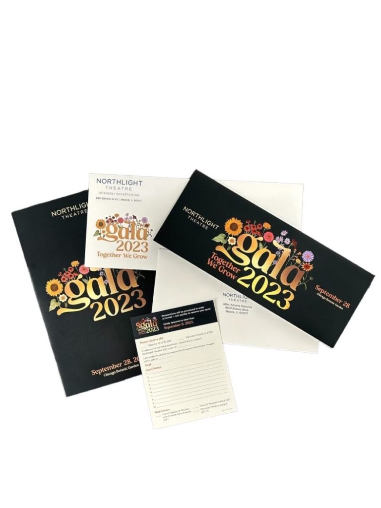 Custom printed invitation and program for Northlight Theatre gala featuring elegant design and full-color event materials