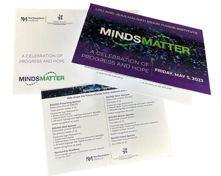 Custom printed invitation for Northwestern Minds Matter featuring refined design and event branding for a nonprofit fundraiser