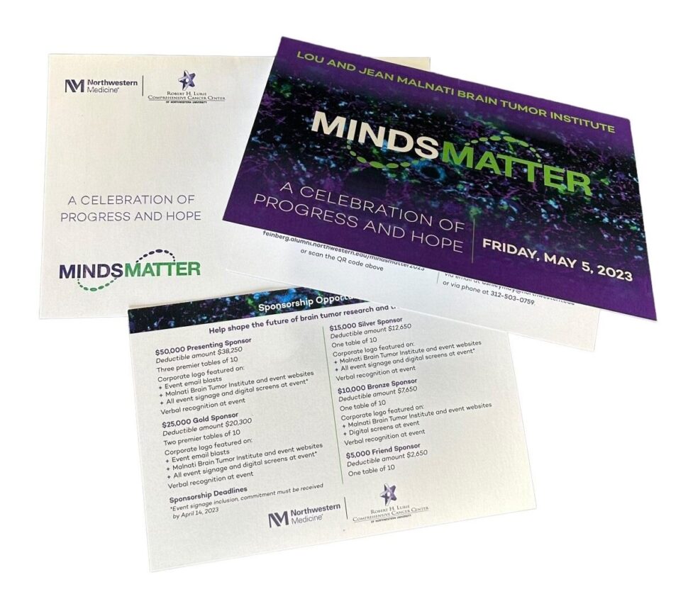 Custom printed invitation for Northwestern Minds Matter featuring refined design and event branding for a nonprofit fundraiser