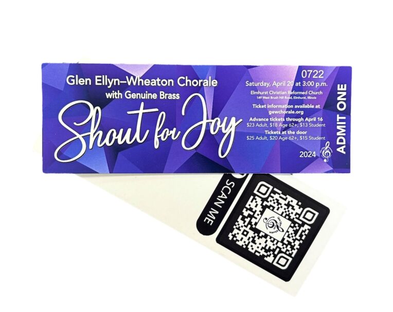 Custom concert tickets for Wheaton Chorale used for event entry and audience experience