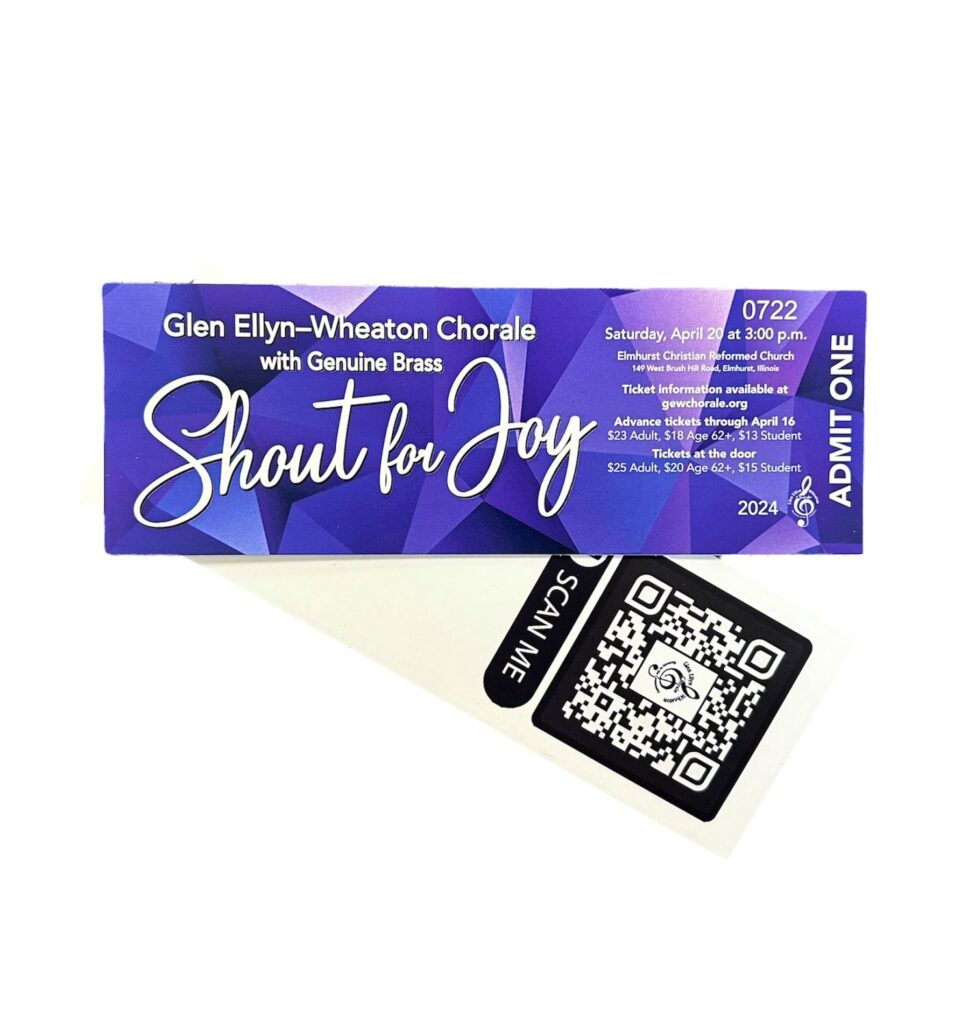 Custom concert tickets for Wheaton Chorale used for event entry and audience experience