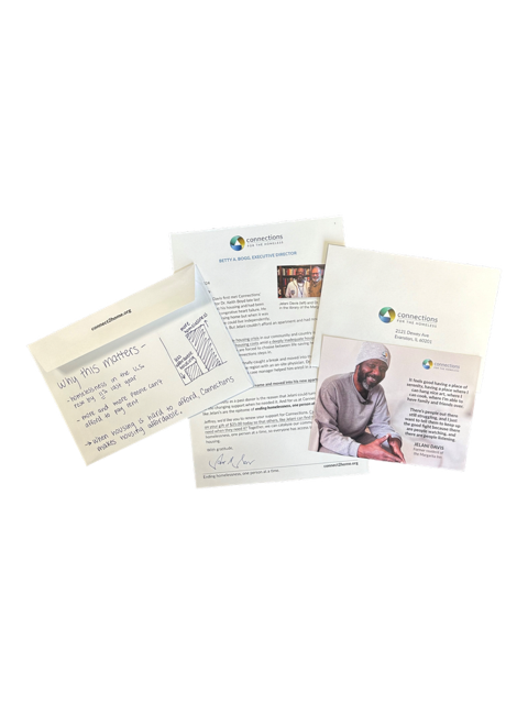 Direct mail appeal package for Connections featuring a letter, reply slip, and custom envelope for nonprofit fundraising