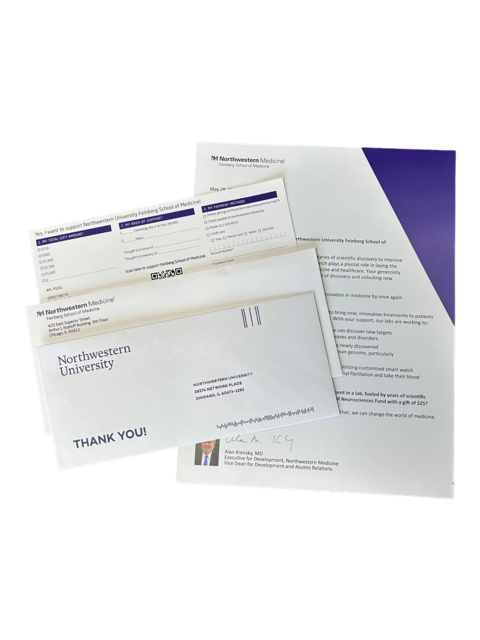 Custom fundraising appeal package for Northwestern used for donor engagement and nonprofit direct mail campaigns