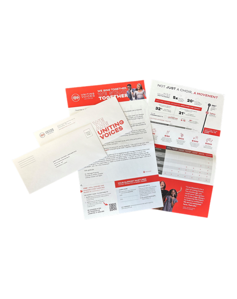 Custom fundraising appeal for Uniting Voices used for donor engagement and nonprofit direct mail campaigns