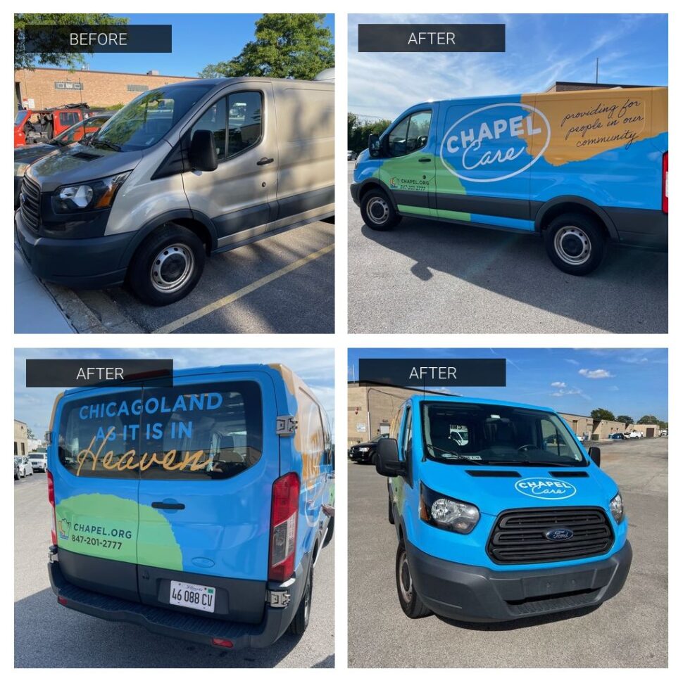 chapel-care-vehicle-wrap Full-color vehicle wrap for Chapel Care featuring branded graphics and messaging for mobile healthcare and community outreach