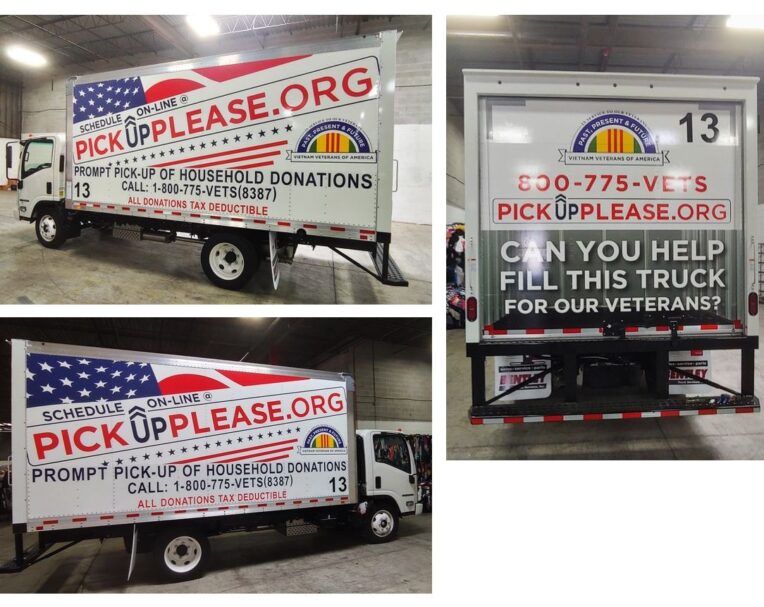 Custom truck wrap for PickupPlease.org used for mobile advertising and donation service awareness