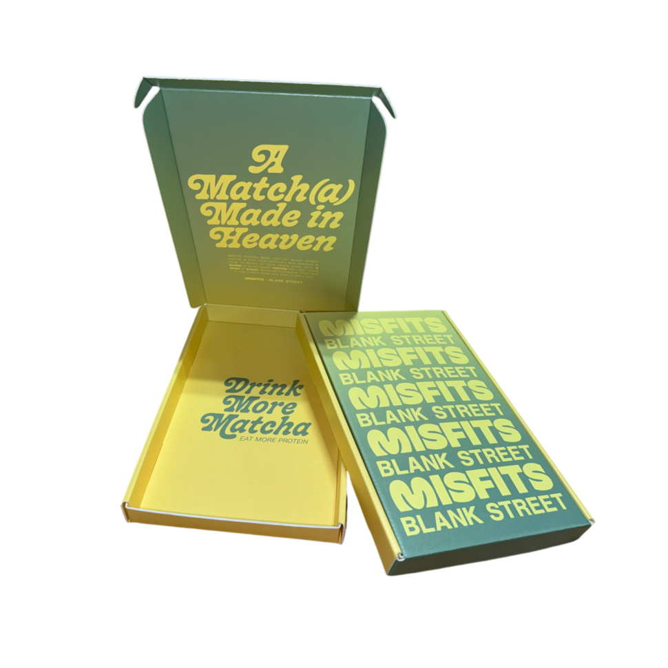 Custom printed Protein bar box with E-flute structure, locking flaps, and double-sided design for secure, branded shipping