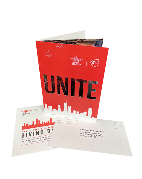 Direct mail appeal package for Chicago Children’s Choir featuring a letter, reply slip, and custom envelope for donor engagement