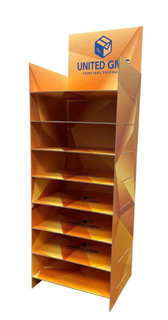 Custom die-cut shelf display for UGMG featuring branded graphics and structural design for events or retail presentation