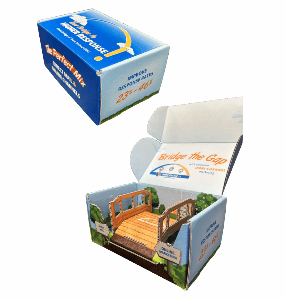 Custom promotional box designed as a bridge featuring branded exterior, custom insert, and secure construction for gifting or marketing