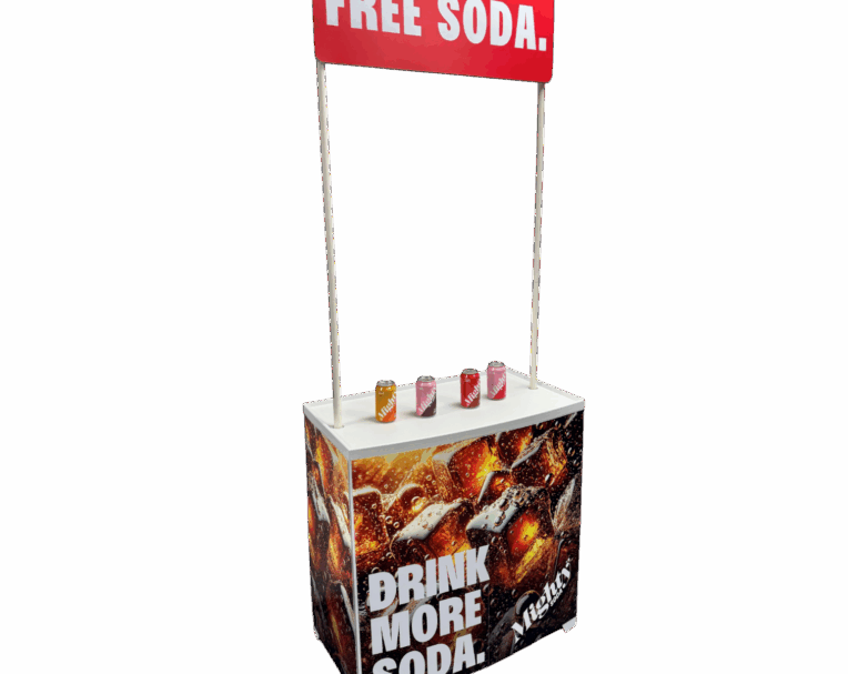 Custom retail display for Mighty Soda featuring bold colors and die-cut structure for standout shelf presence