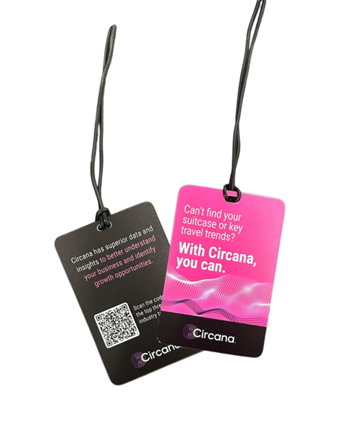 Custom printed luggage tag for Circana featuring branded design and sturdy construction for travel or event use