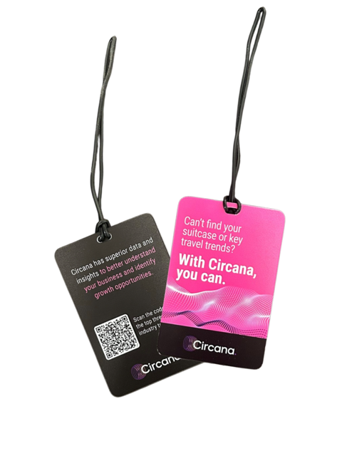Custom printed luggage tag for Circana featuring branded design and sturdy construction for travel or event use