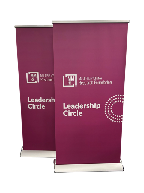 Retractable banner for Multiple Myeloma awareness with bold colors, large typography, and portable display stand