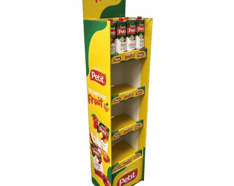 Custom shelf display for Petit Juice featuring die-cut construction and full-color branding for effective in-store product placement