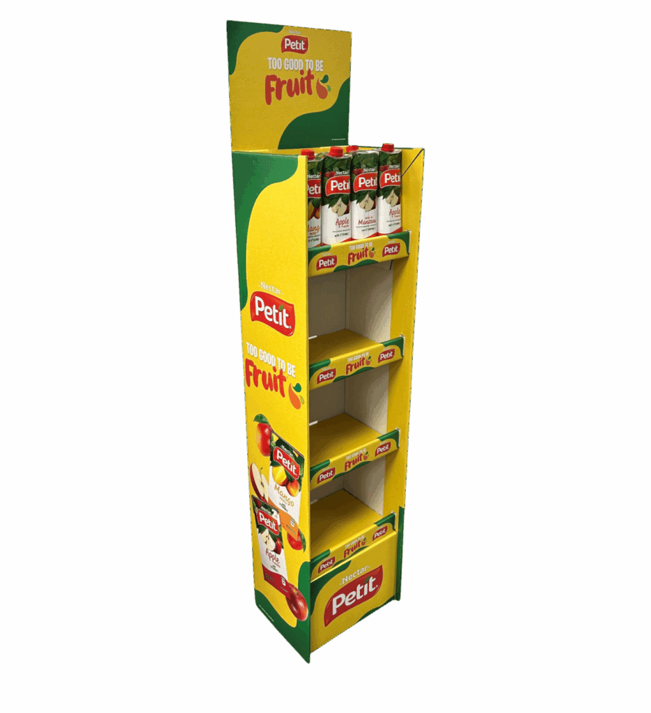 250269 Petit Juice 4-Shelf Display-Photoroom-Photoroom Custom shelf display for Petit Juice featuring die-cut construction and full-color branding for effective in-store product placement