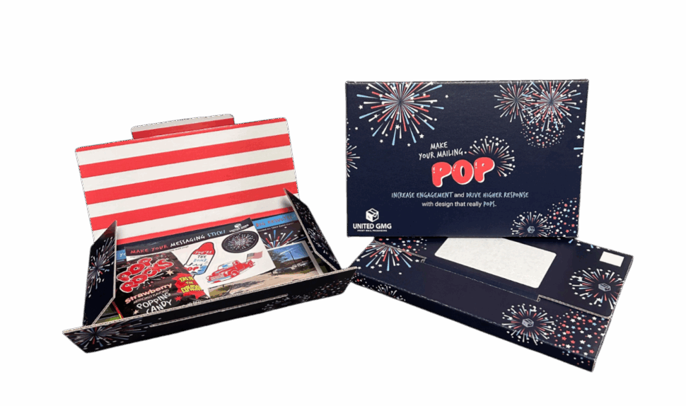 Custom patriotic box envelope mailer with 4th of July-themed graphics and branded design for seasonal promotions