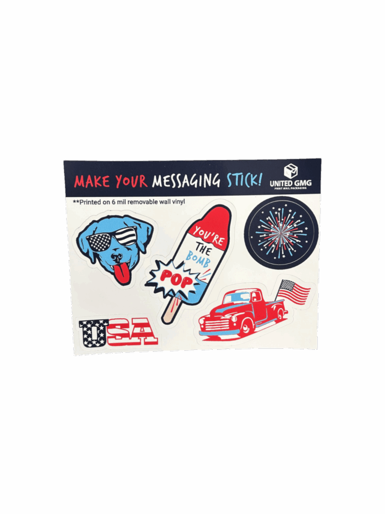 Custom sheet of 4th of July stickers with patriotic red, white, and blue designs for holiday events and brand promotions