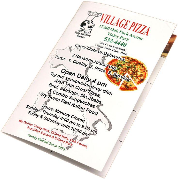 Custom printed menus and specials brochure with full-color design and sturdy material for restaurant or café promotions