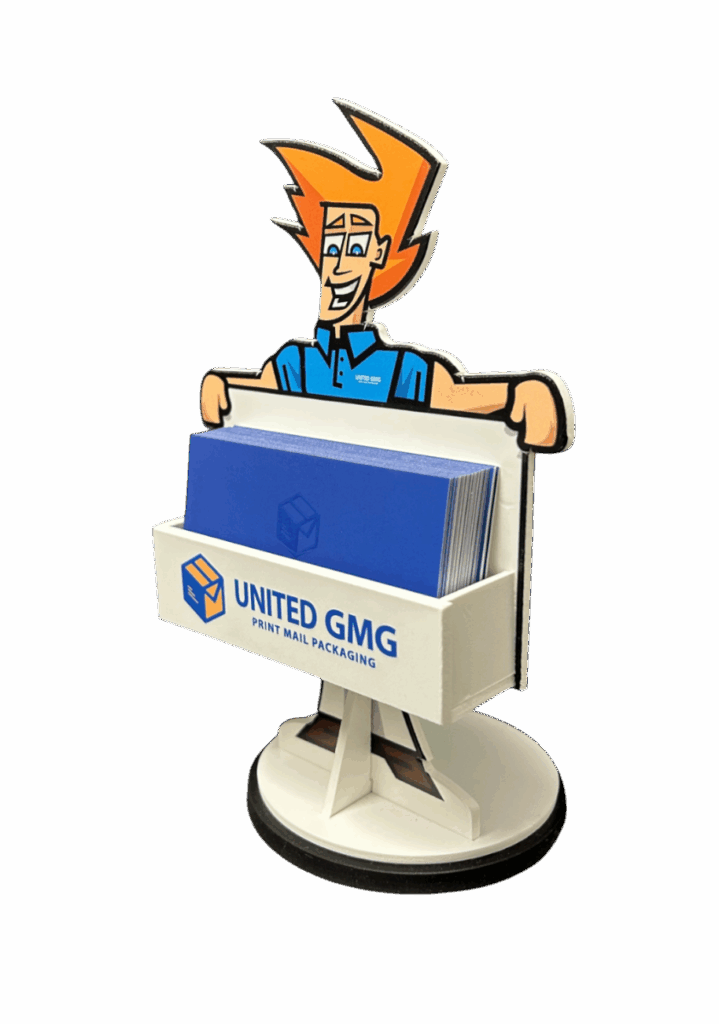 Custom standing business card holder with die-cut shape and full-color branding for desktop or countertop display