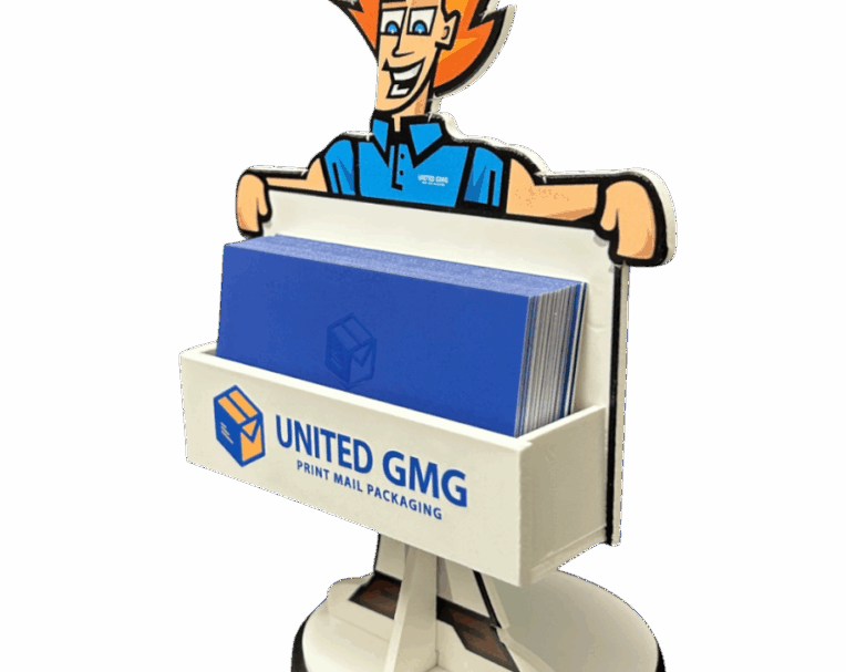 Custom standing business card holder with die-cut shape and full-color branding for desktop or countertop display