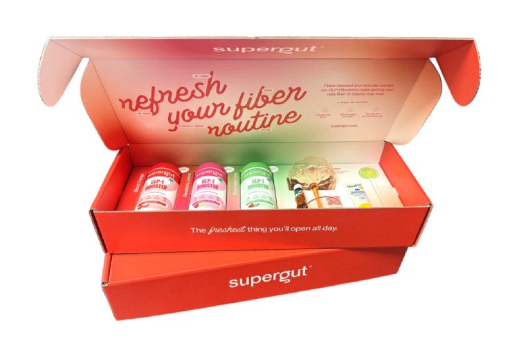 Custom summer-themed influencer box for Supergut featuring colorful branding, fitted insert, and seasonal unboxing experience
