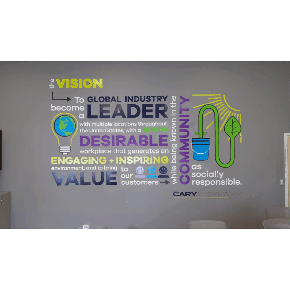 Custom wall graphics for Cary featuring large-format vinyl, bold text, and branded design for interior office space