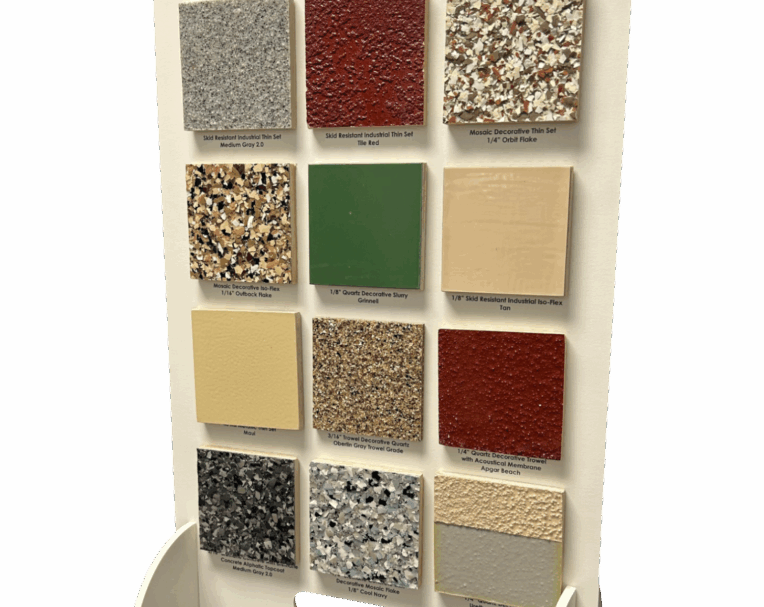 Custom sample display for terrazzo flooring featuring branded cover and clean presentation of material swatches