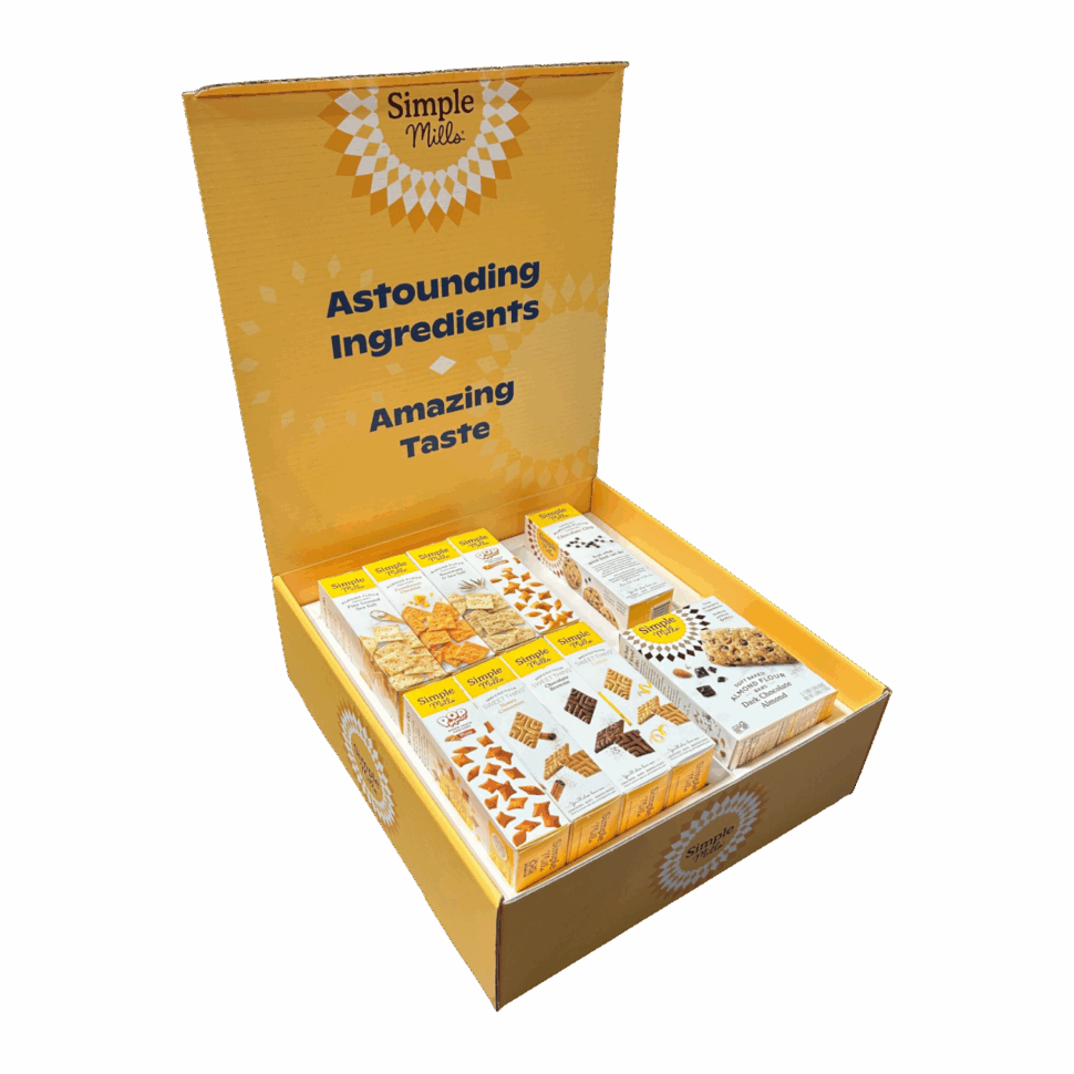 Branded sample box for Simple Mills featuring custom insert and full-color print for influencer campaigns and product showcasing
