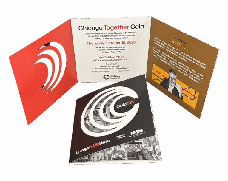 Custom trifold invitation for WBEZ featuring cutout front, full-color design, and clean layout for event and donor outreach