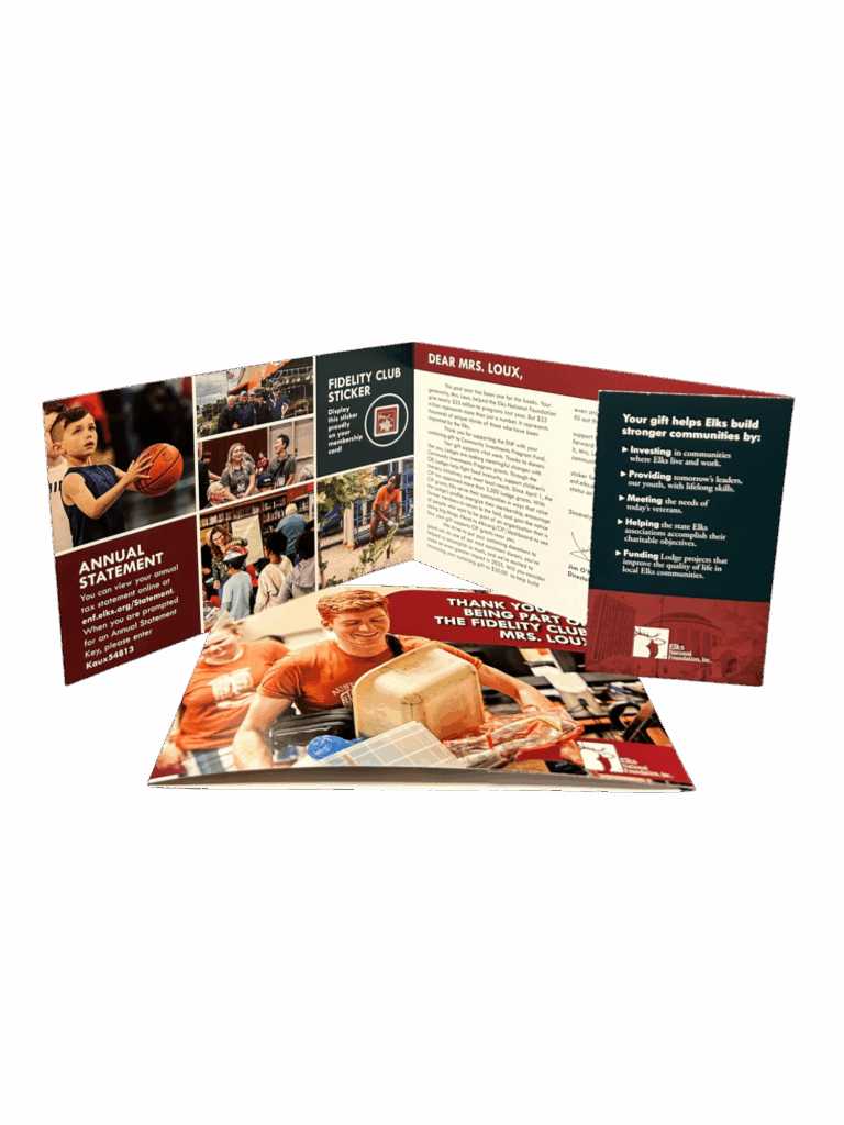 Tri-fold self-mailer for Elks featuring personalized content, reply panel, and full-color design for donor engagement